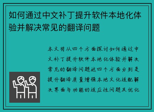 如何通过中文补丁提升软件本地化体验并解决常见的翻译问题